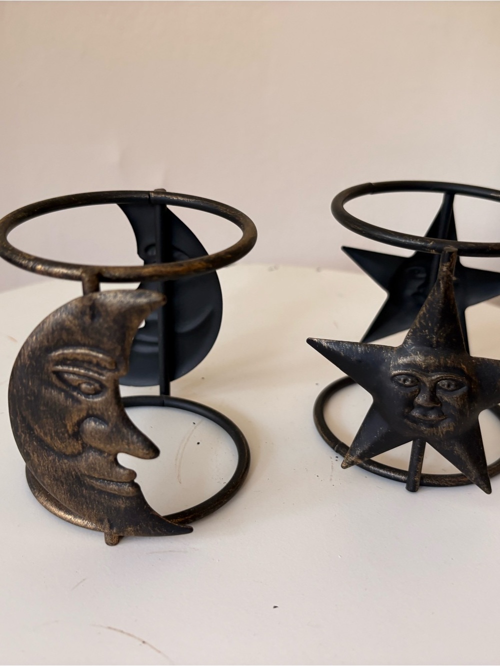 Vintage Moon Star Candle Holders Bronze Metal Celestial Boho Whimsigoth Decor